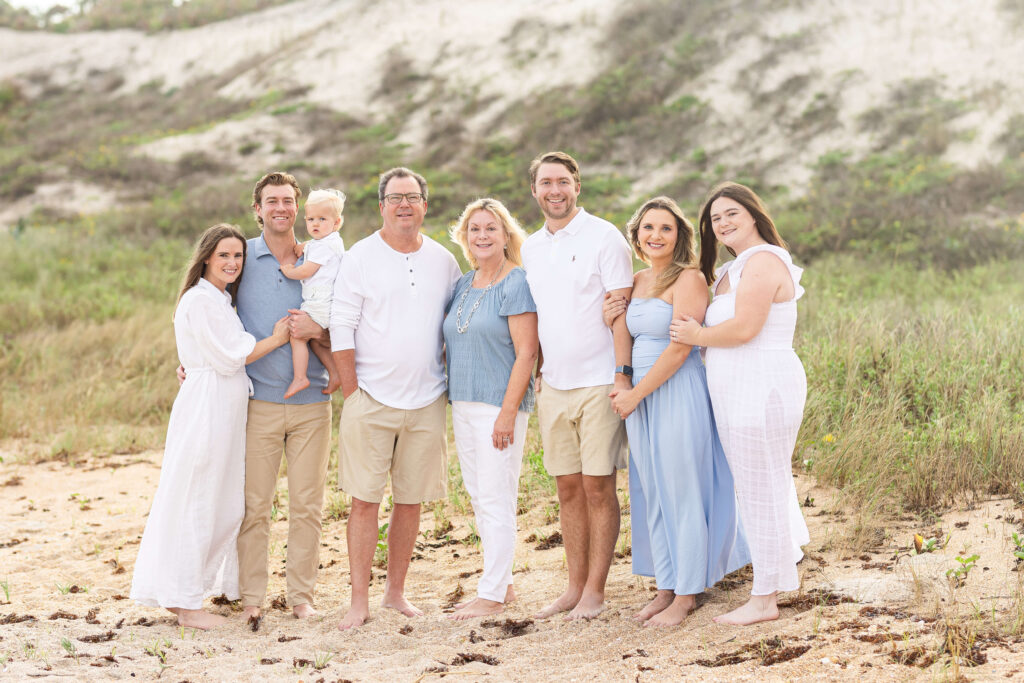 Extended family portrait at sunset on Jacksonville Beach captured by a Jacksonville family photographer